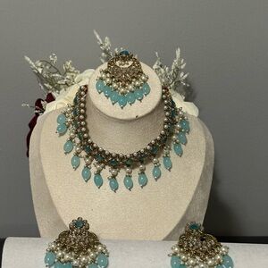 Aqua & Pearl Kundan Necklace Set with Earrings & Tikka